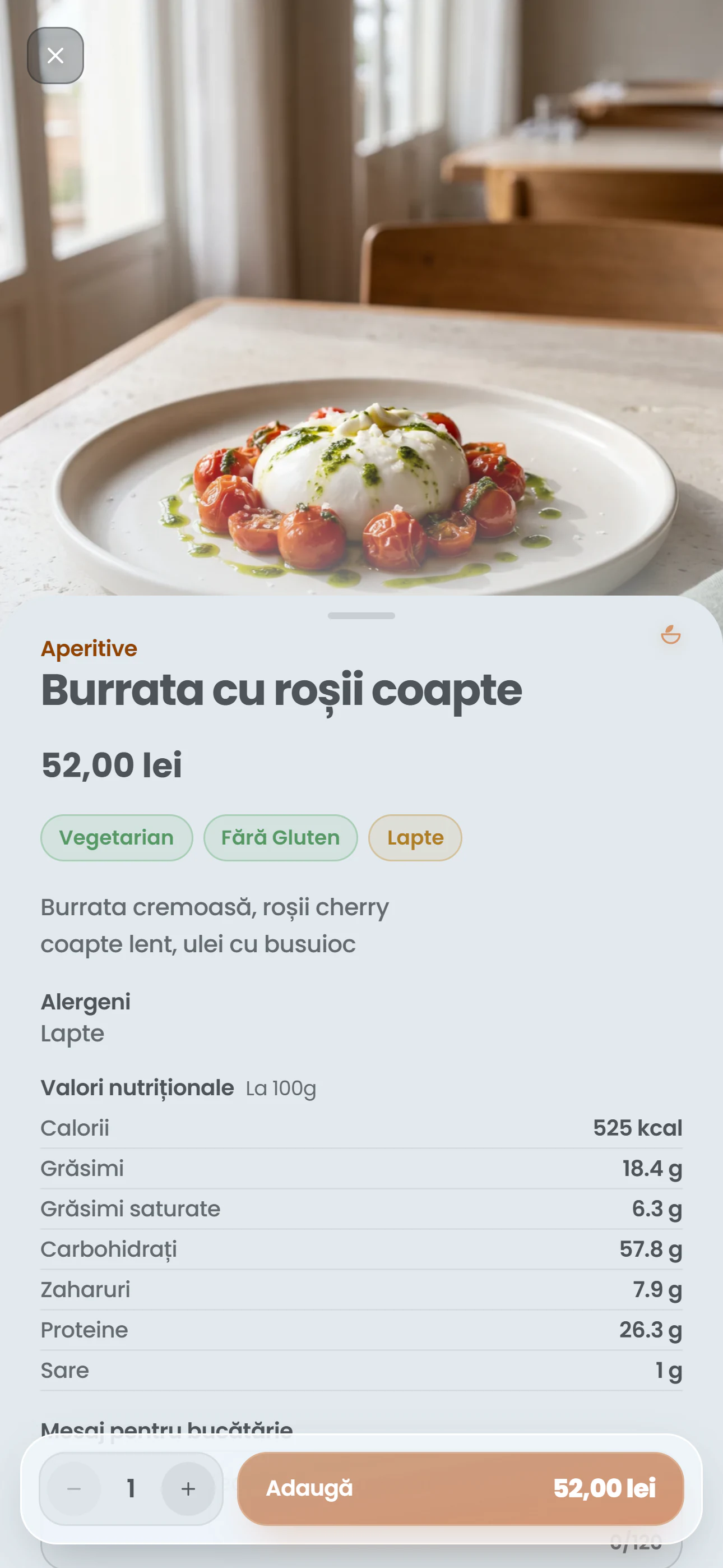 Pagina unui preparat din meniul WAYTR pentru clienți, pe un telefon