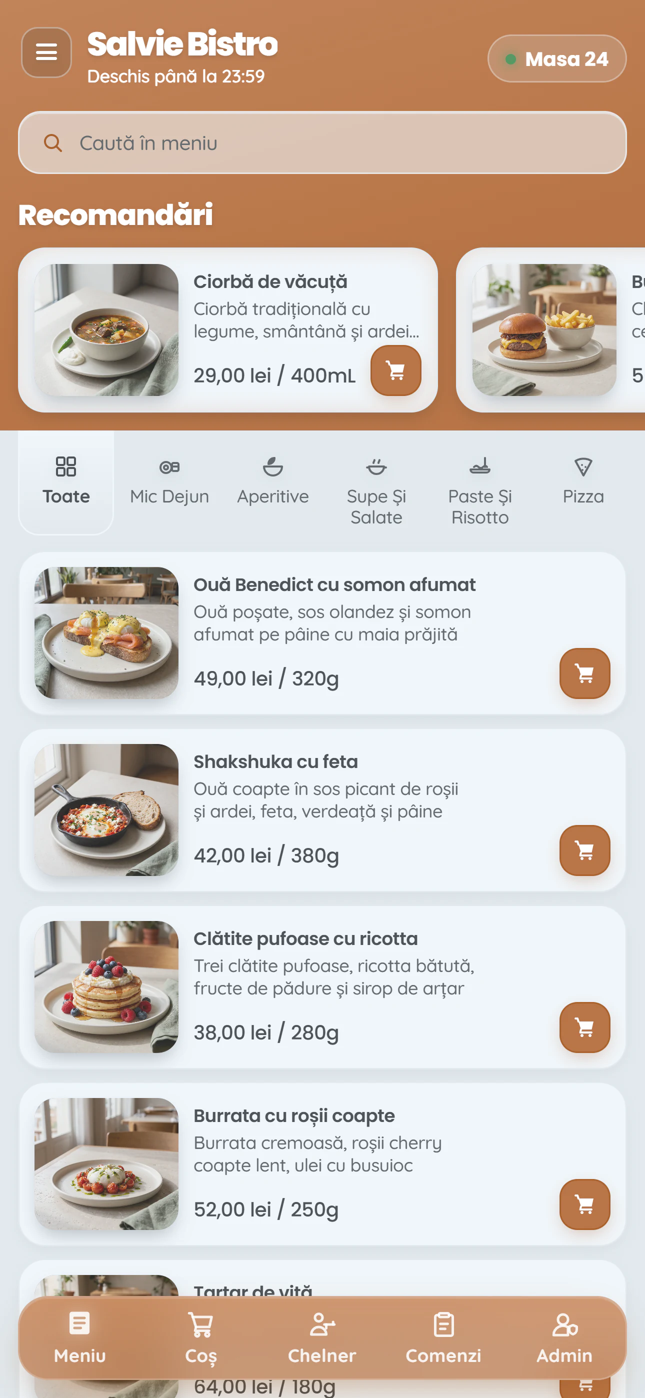 Meniul QR pentru clienți WAYTR afișat pe un telefon